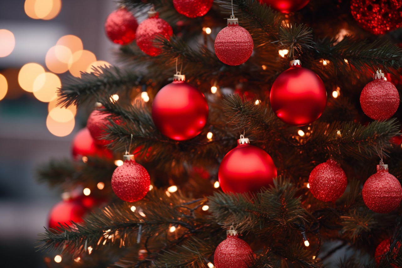 A close up photo of an outdoor christmas tree decorated with bright red balls, christmas festival celebration images