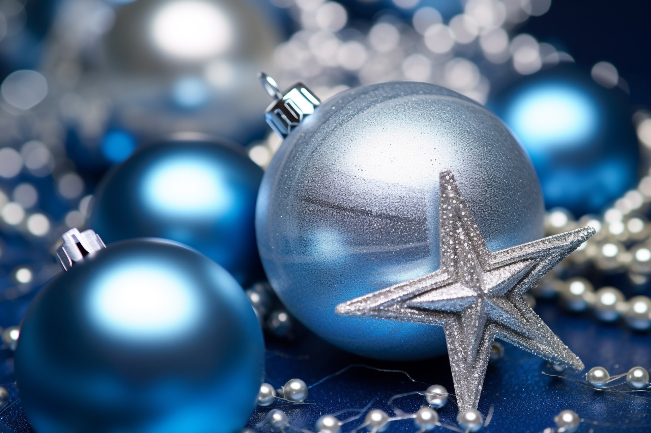 A picture of blue and silver christmas decorations with space to add text, christmas festival celebration images