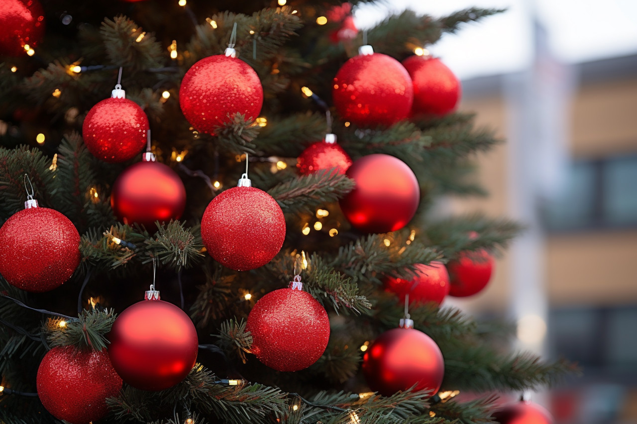 A close up photo of an outdoor christmas tree decorated with bright red balls, christmas festival celebration images