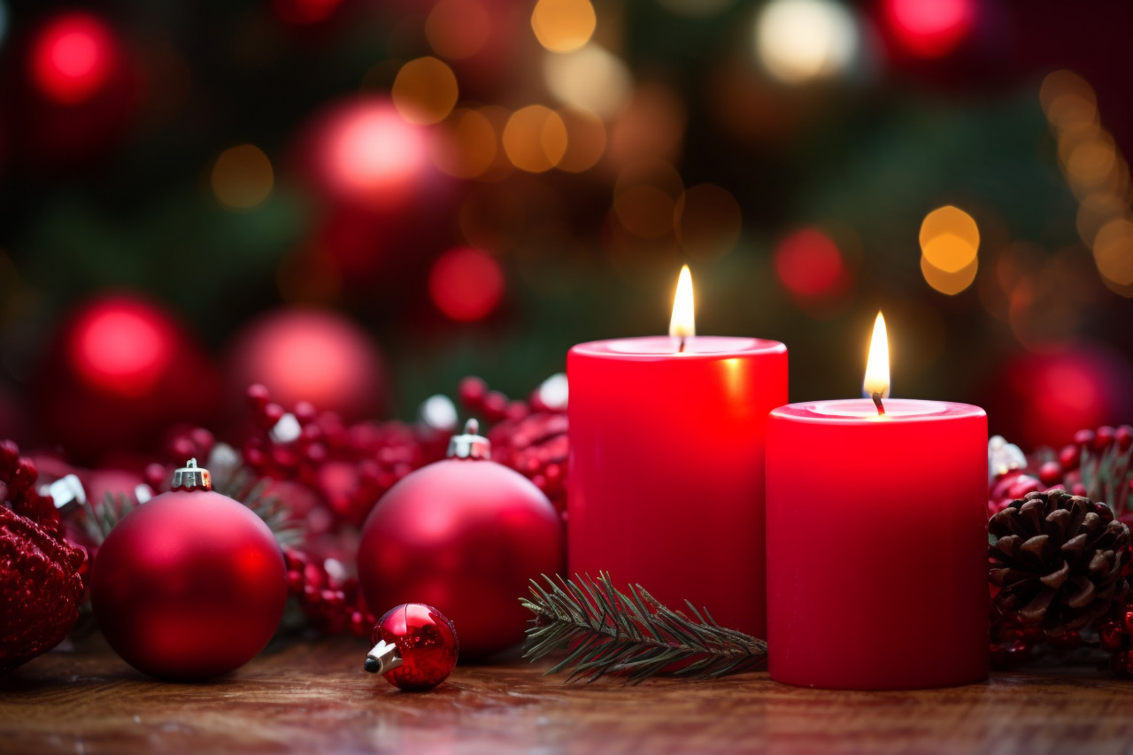 A picture of a red candle and christmas ornaments, christmas festival celebration images