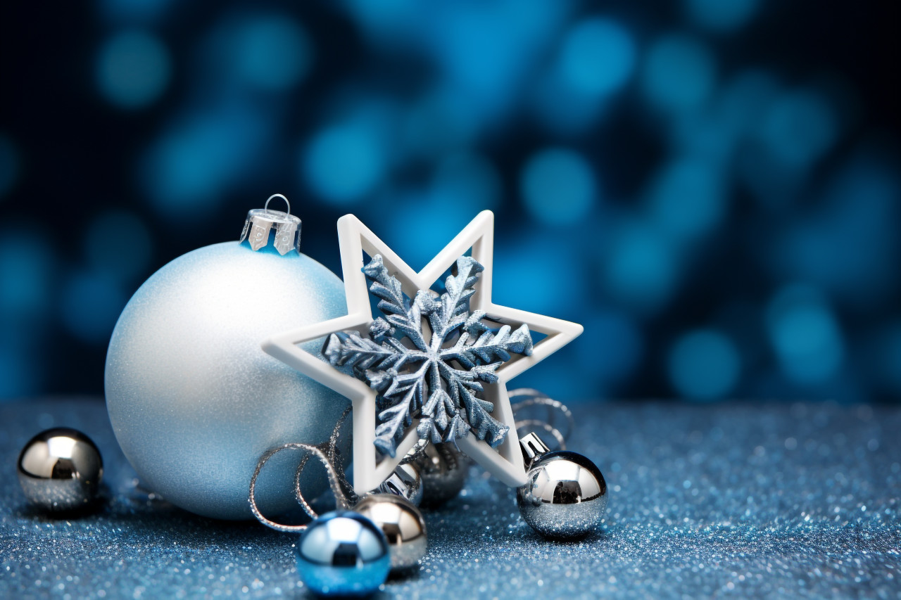 A picture of blue and silver christmas decorations with space to add text, christmas festival celebration images