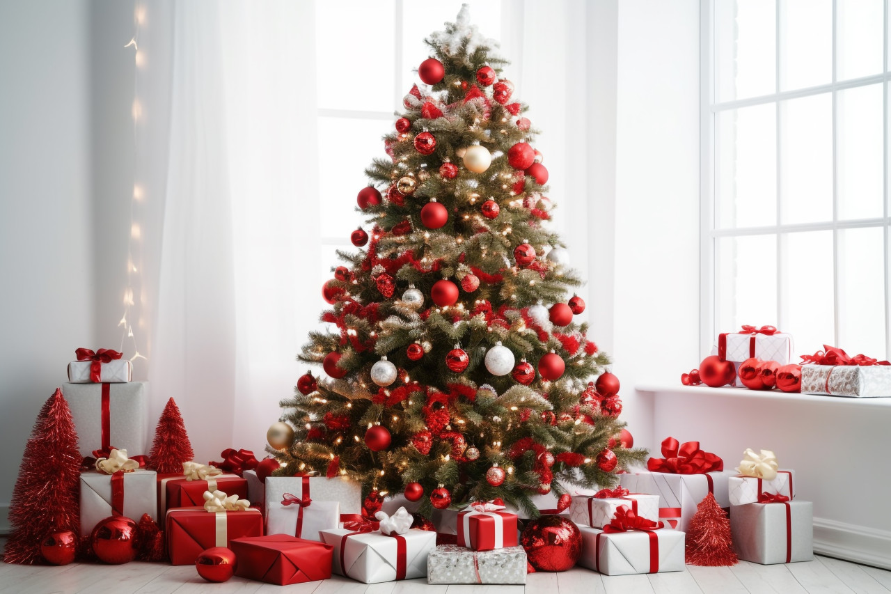 A photo of a christmas tree with red presents in a white room, christmas festival celebration images