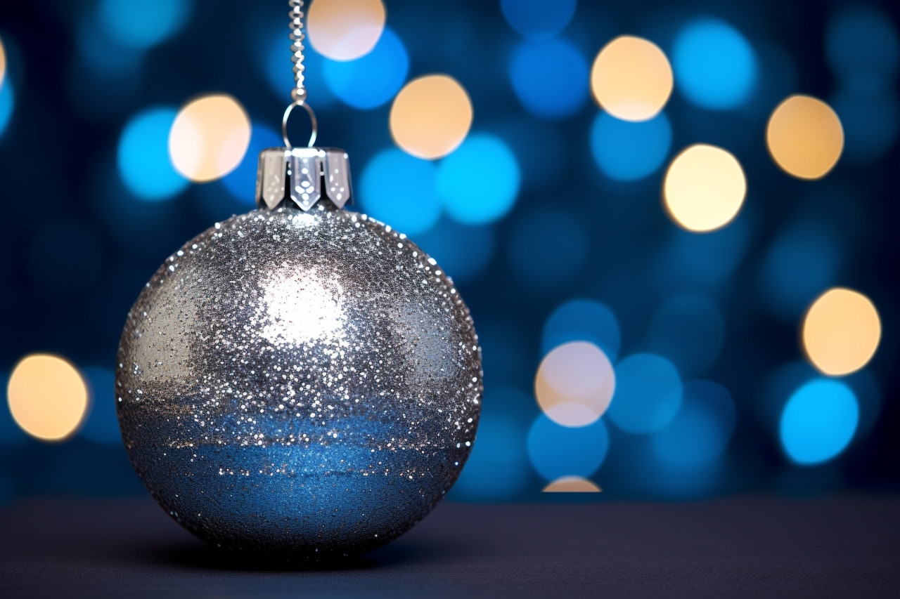 A picture of blue and silver christmas decorations with space to add text, christmas festival celebration images
