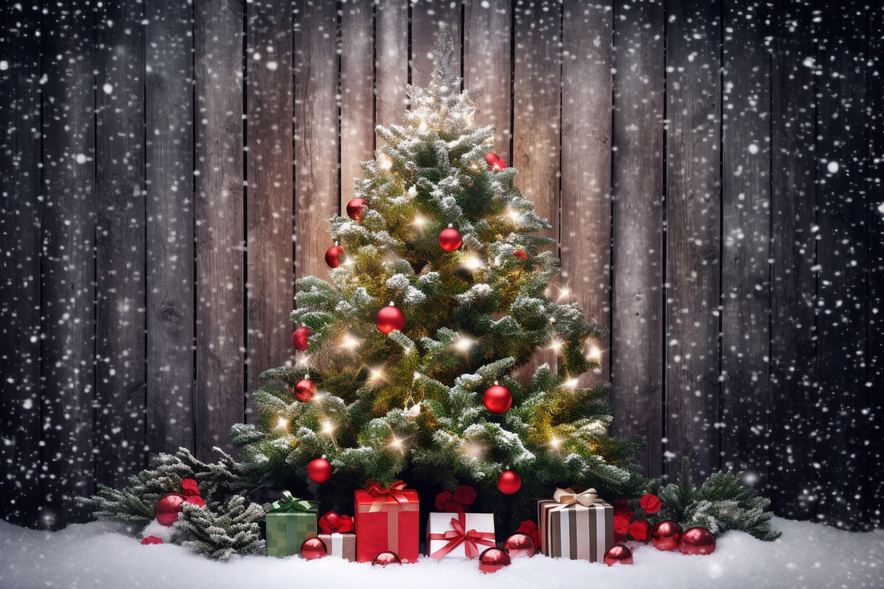 A picture of a christmas tree with holly berries and snow falling on a white wooden board, christmas festival celebration images