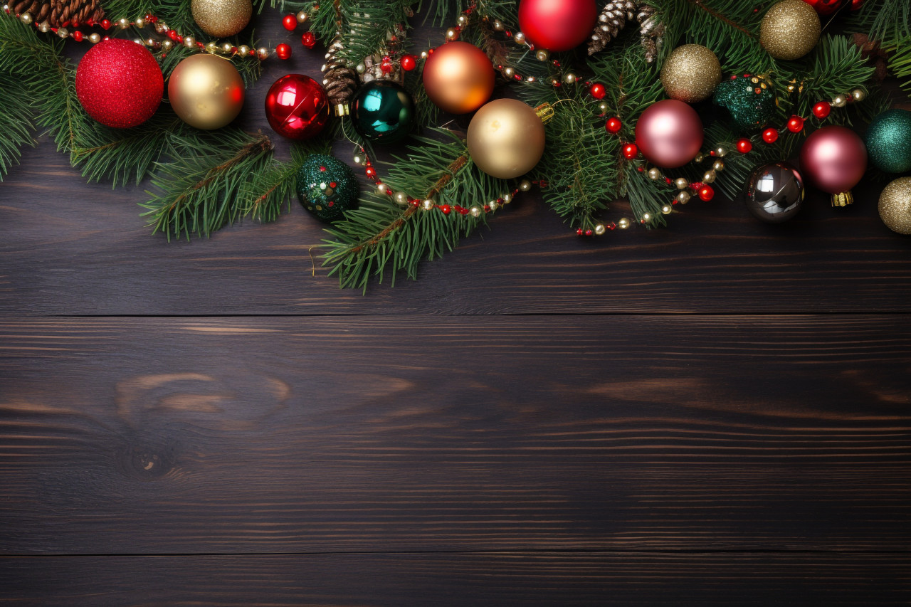 A photo of a christmas scene with a fir tree and decorations on a dark wooden table, christmas festival celebration images