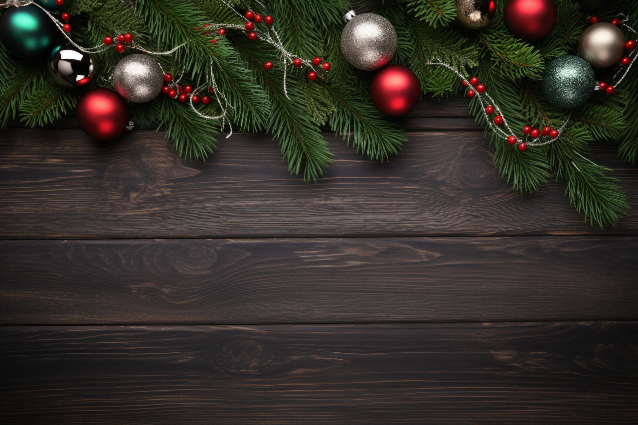 A photo of a christmas scene with a fir tree and decorations on a dark wooden table, christmas festival celebration images
