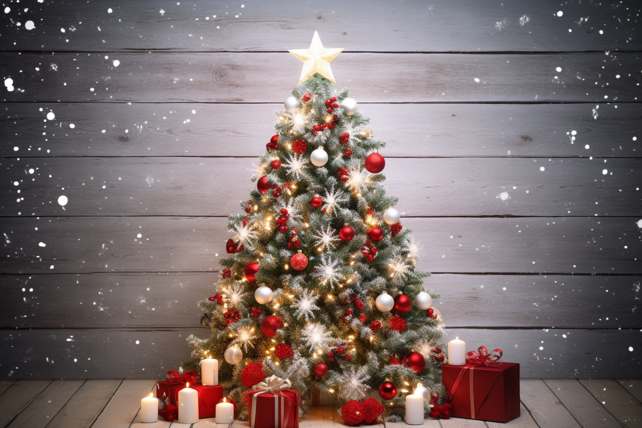 A picture of a christmas tree with holly berries and snow falling on a white wooden board, christmas festival celebration images