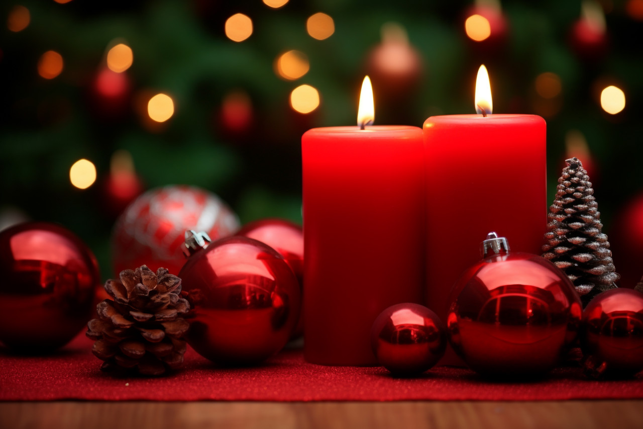 A picture of a red candle and christmas ornaments, christmas festival celebration images