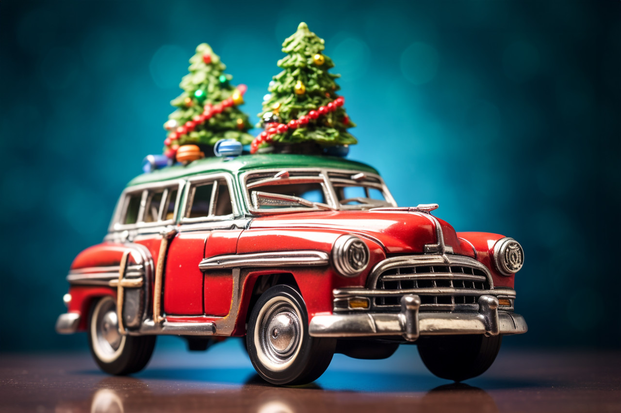 A picture of a small christmas tree on a toy vehicle, christmas festival celebration images