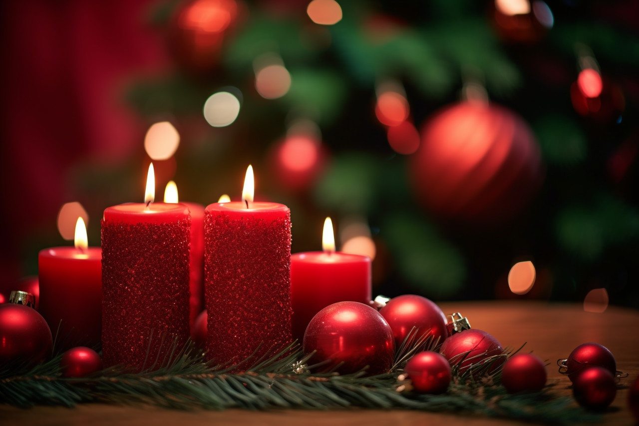 A picture of a red candle and christmas ornaments, christmas festival celebration images