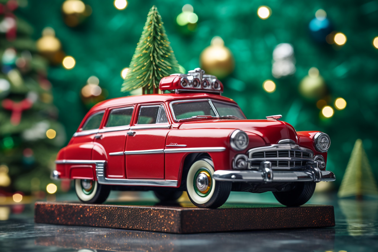 A picture of a small christmas tree on a toy vehicle, christmas festival celebration images