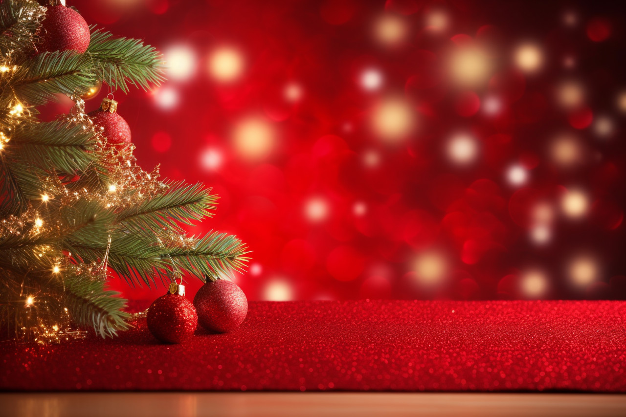 A picture of a christmas scene with a christmas tree and twinkling lights on a red background, christmas festival celebration images