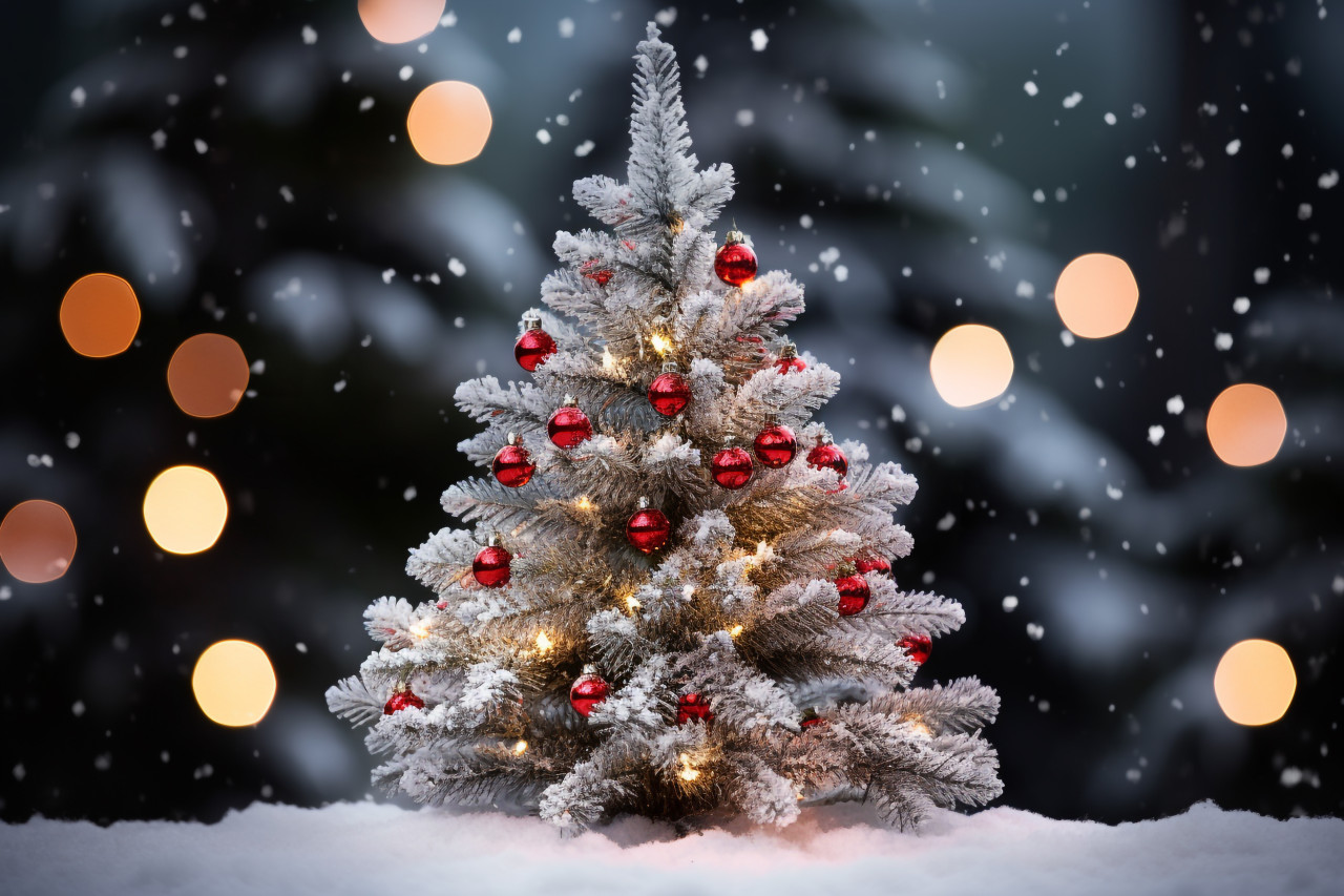 A picture of a decorated christmas tree in a winter wonderland with sparkling lights and white snow, christmas people celebrating images