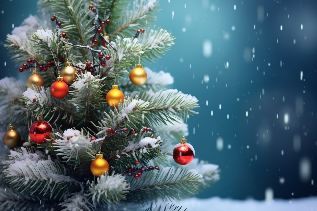 A picture of a decorated christmas tree in a winter wonderland with sparkling lights and white snow, christmas people celebrating images