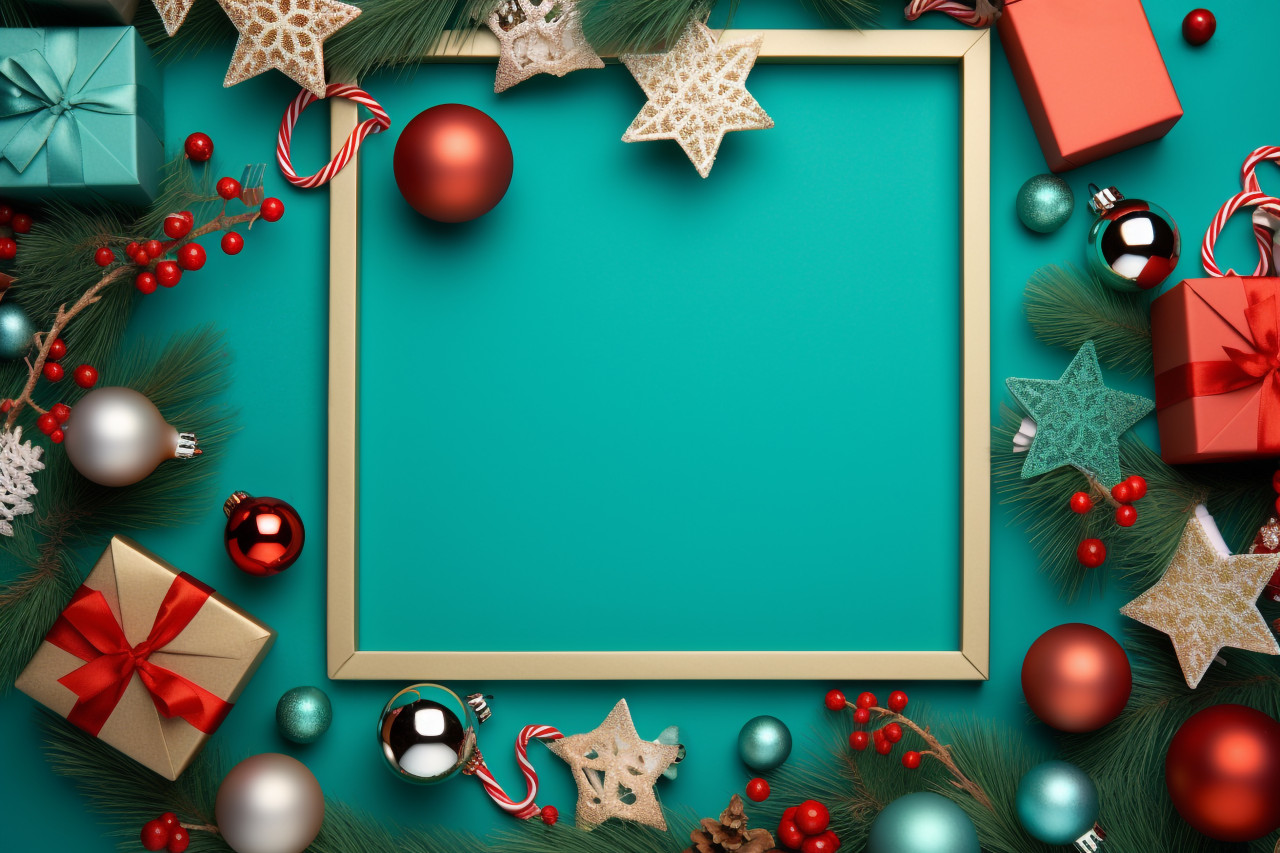 A photo of a christmas frame with gift boxes, paper decorations, jingle bells, christmas people celebrating images