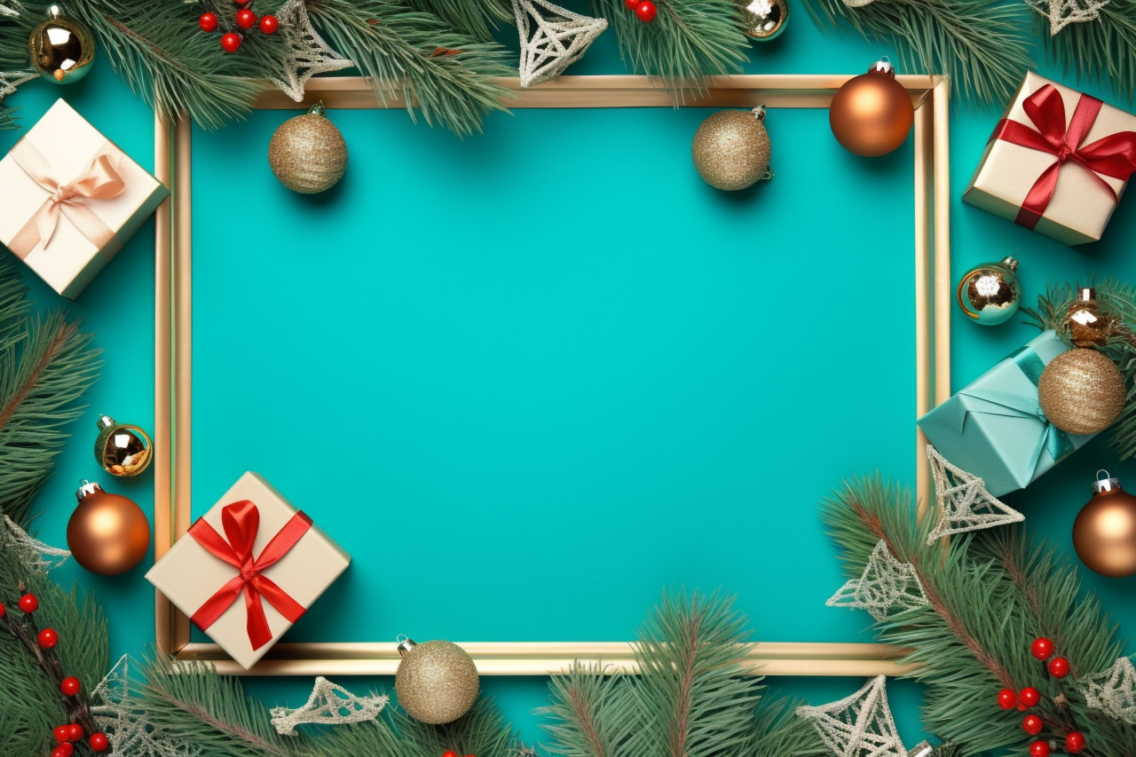 A photo of a christmas frame with gift boxes, paper decorations, jingle bells, christmas people celebrating images