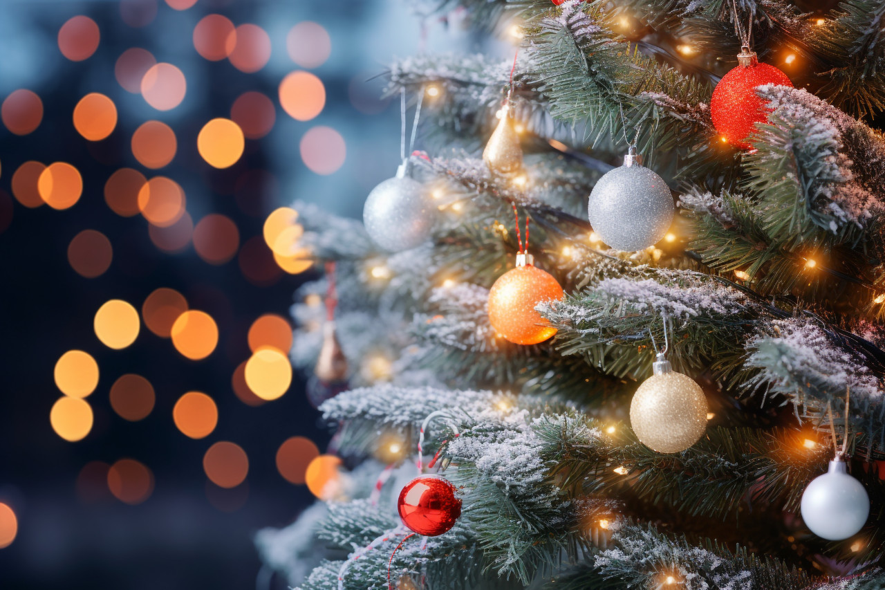 A picture of a decorated christmas tree in a winter wonderland with sparkling lights and white snow, christmas people celebrating images