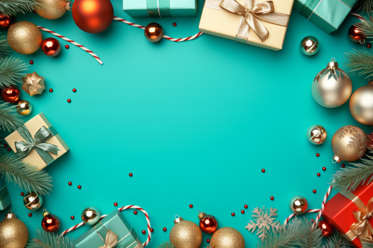 A photo of a christmas frame with gift boxes, paper decorations, jingle bells, christmas people celebrating images