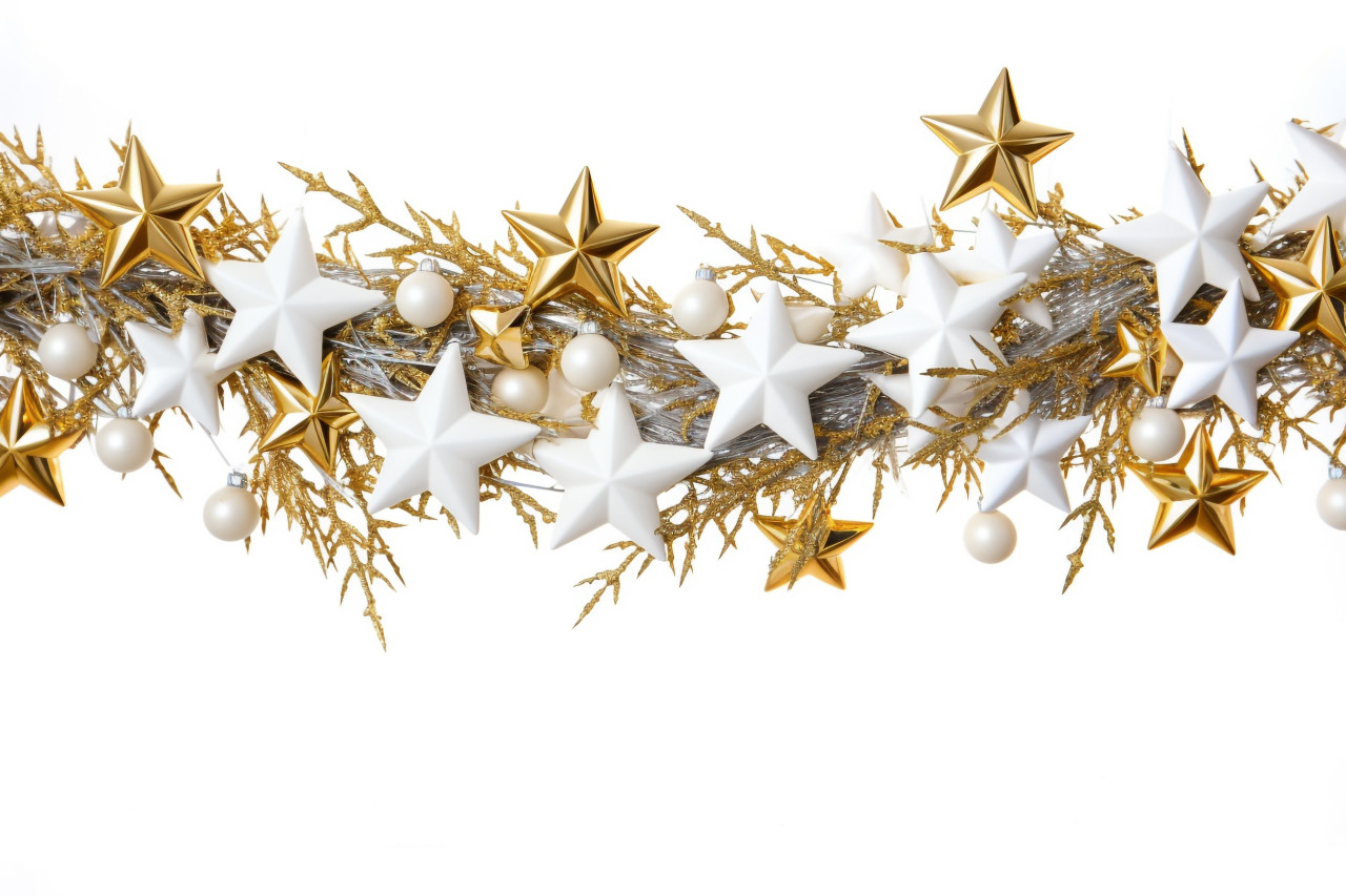 A picture of christmas tree branches with gold balls, stars, and snowflakes, christmas people celebrating images