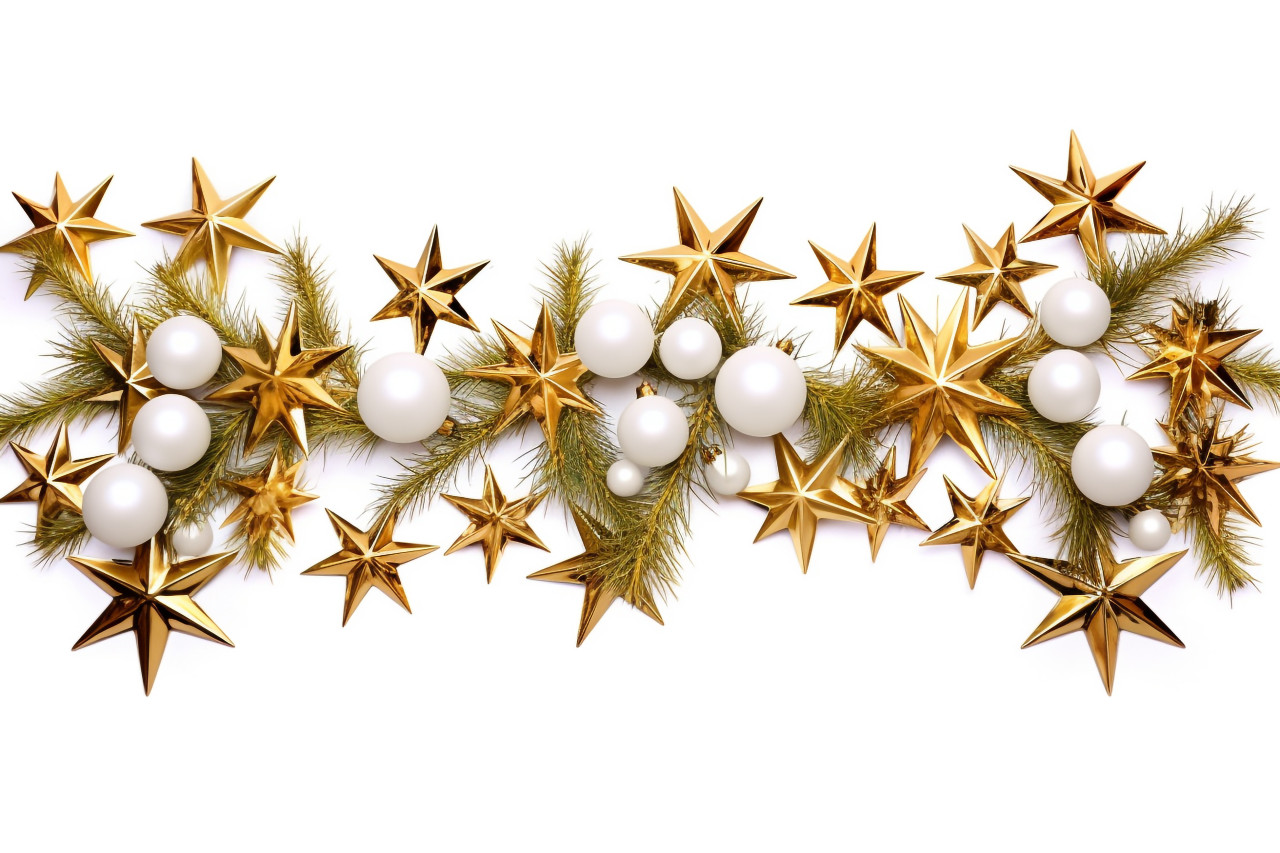 A picture of christmas tree branches with gold balls, stars, and snowflakes, christmas people celebrating images