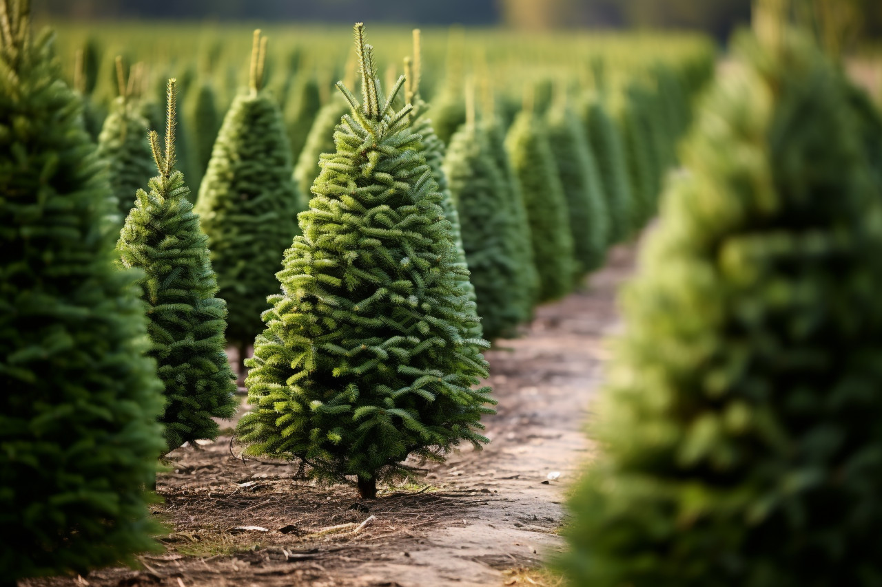 A picture of christmas trees lined up in rows on a farm, christmas people celebrating images