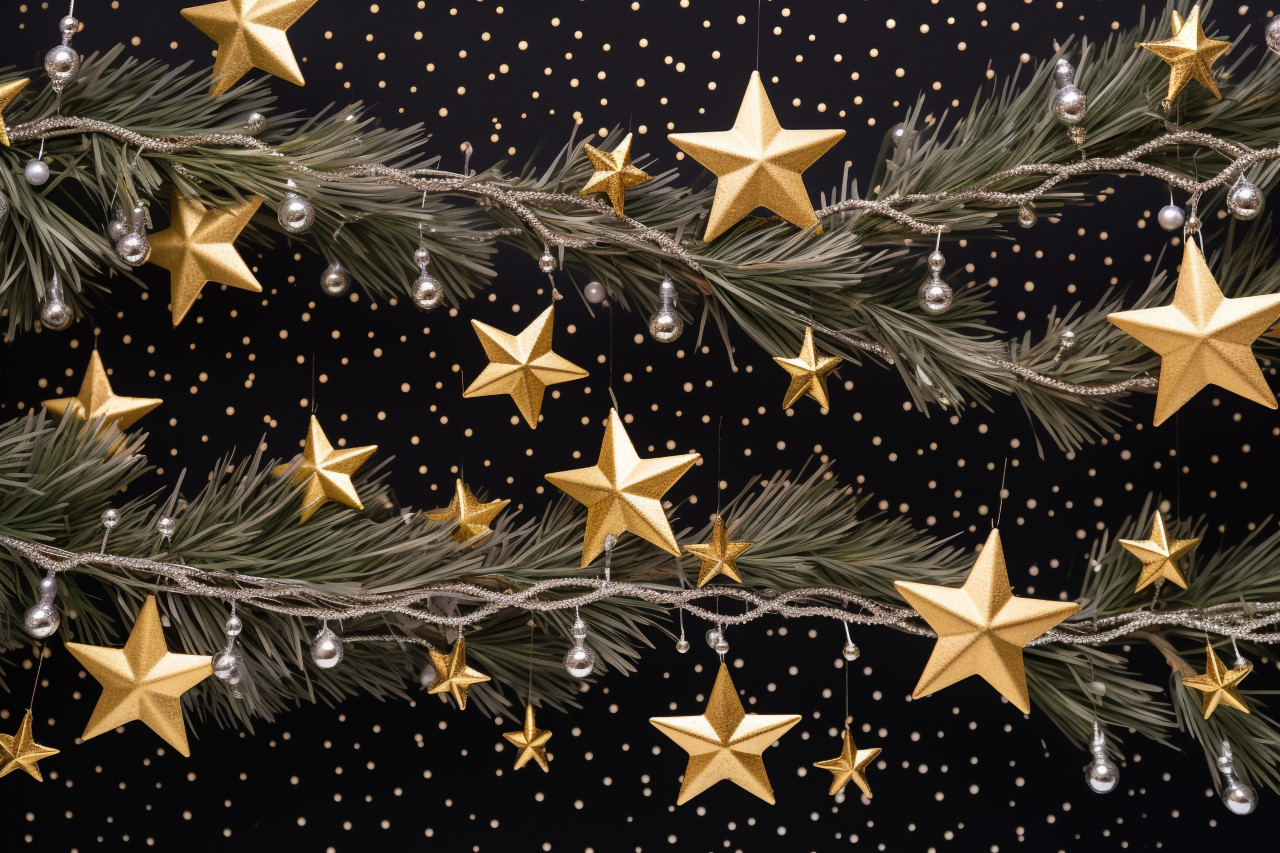 A picture of christmas tree branches with gold balls, stars, and snowflakes, christmas people celebrating images