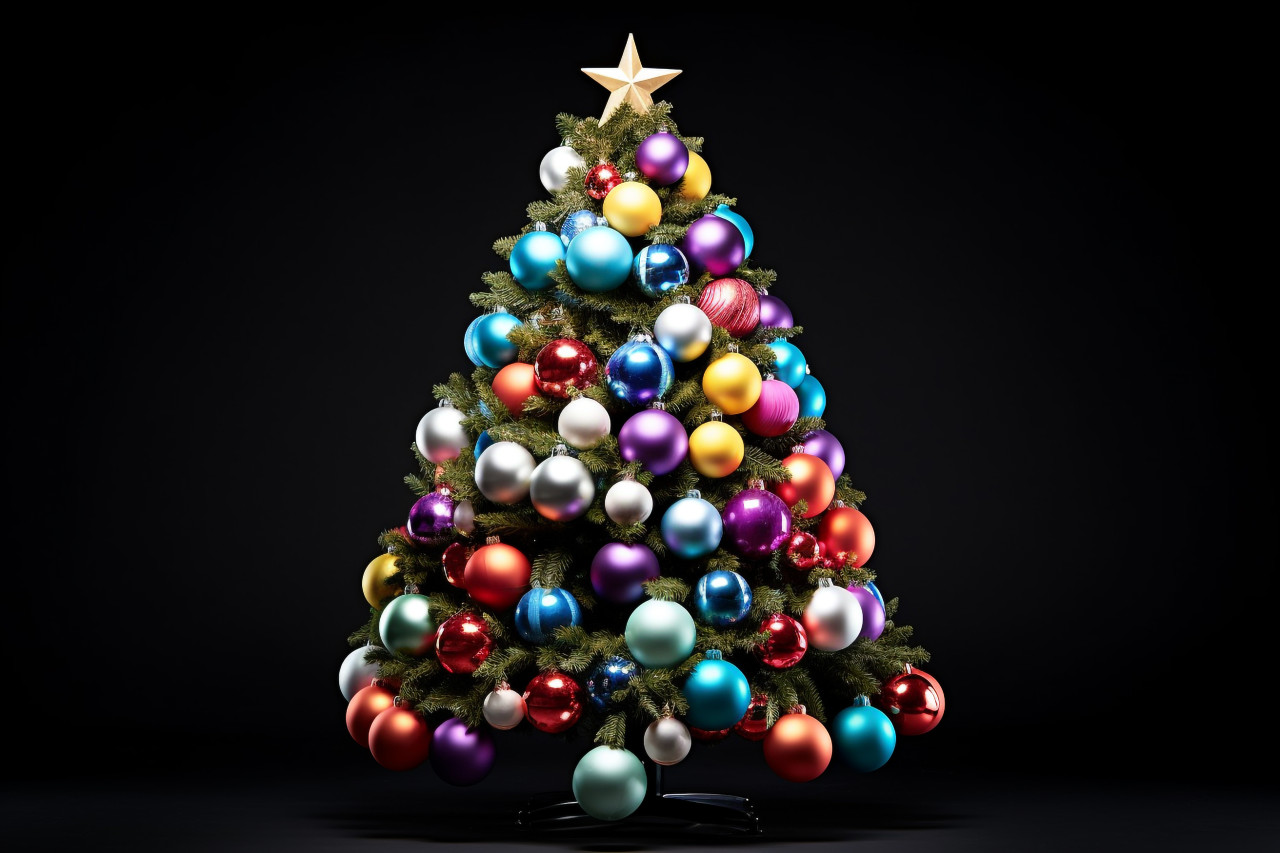 A happy picture of a christmas tree with colorful ornaments taken in a studio on a white background, christmas people celebrating images