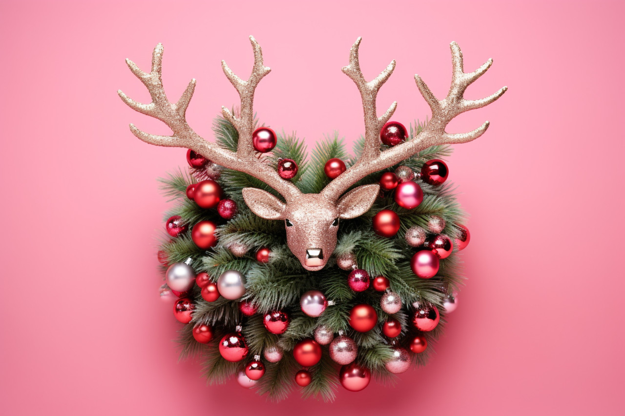 A picture of a reindeer made of christmas decorations on a light pink background, christmas people celebrating images