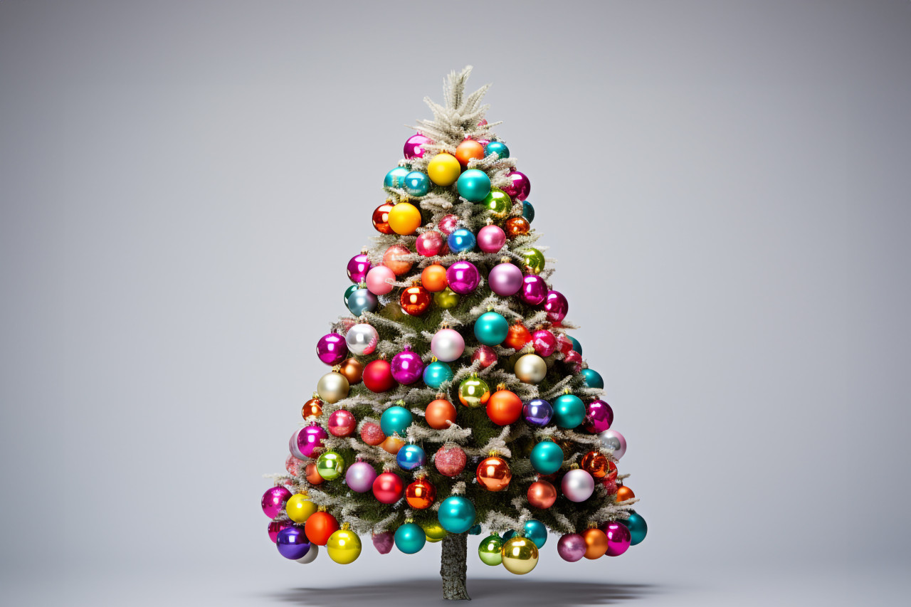 A happy picture of a christmas tree with colorful ornaments taken in a studio on a white background, christmas people celebrating images