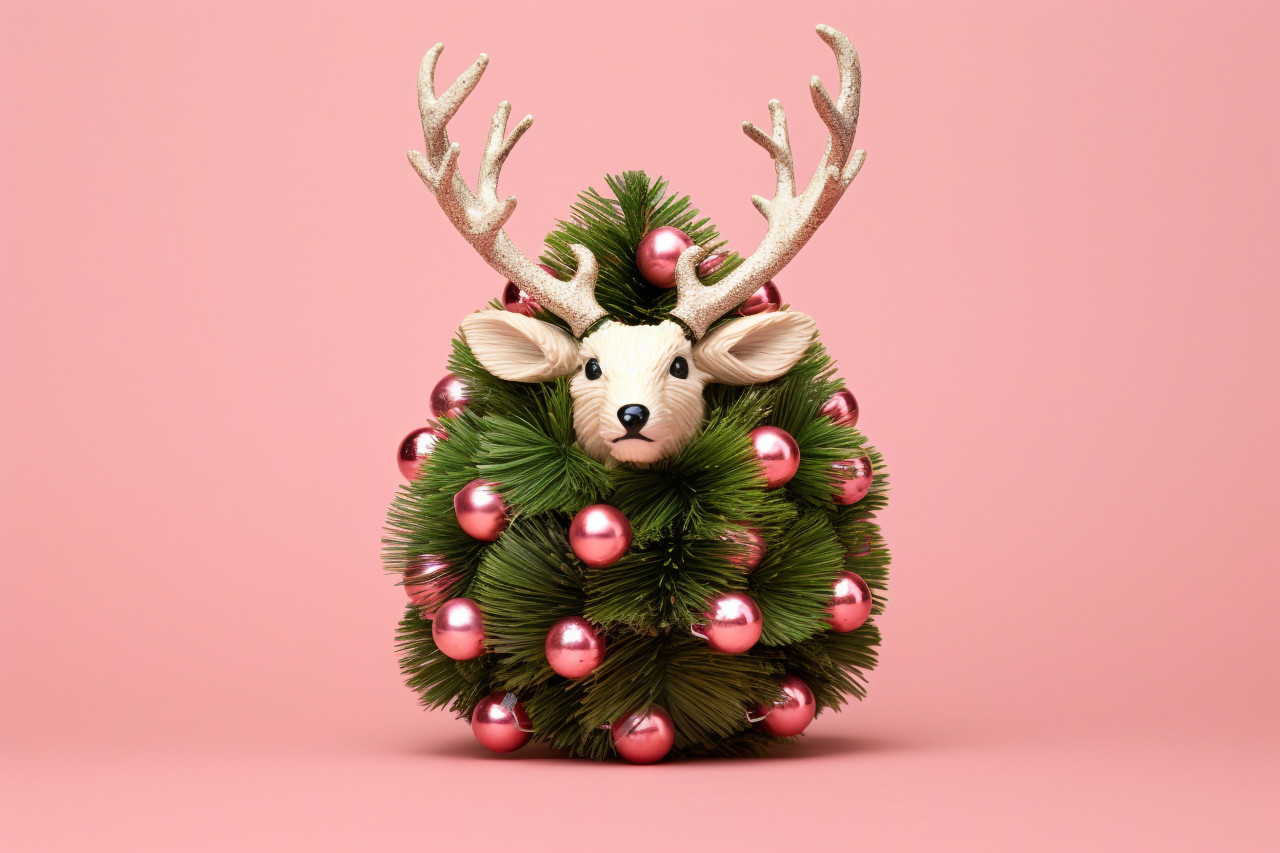 A picture of a reindeer made of christmas decorations on a light pink background, christmas people celebrating images