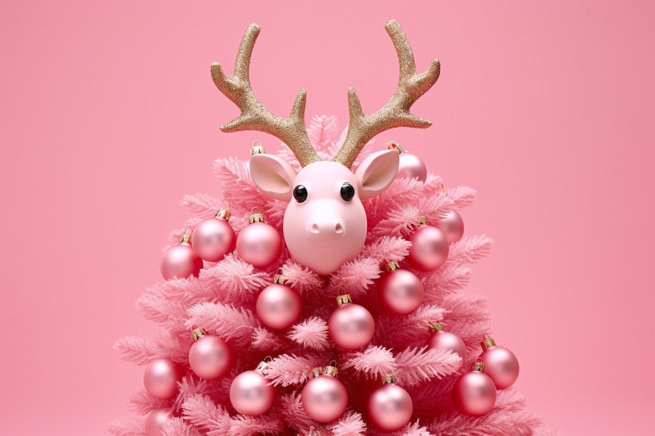 A picture of a reindeer made of christmas decorations on a light pink background, christmas people celebrating images