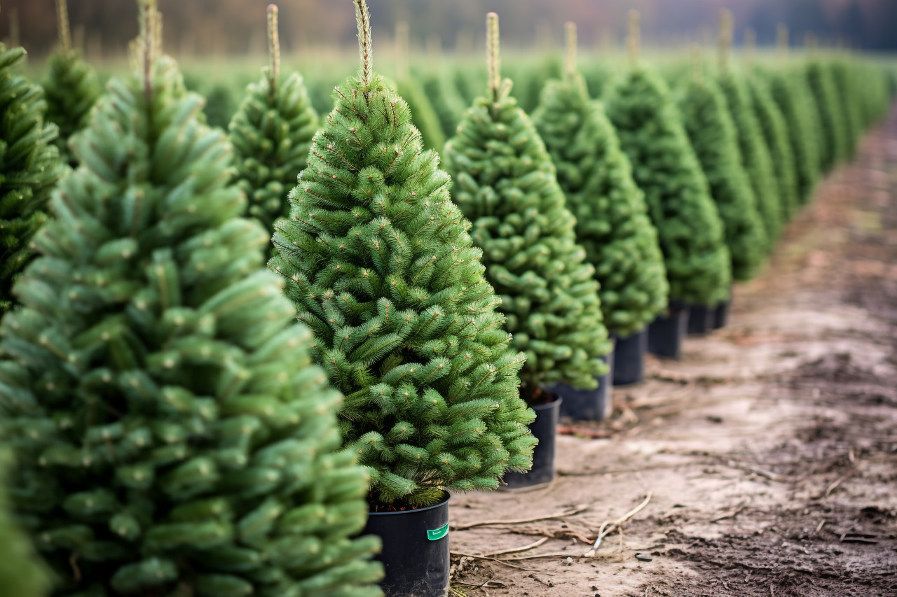 A picture of christmas trees lined up in rows on a farm, christmas people celebrating images