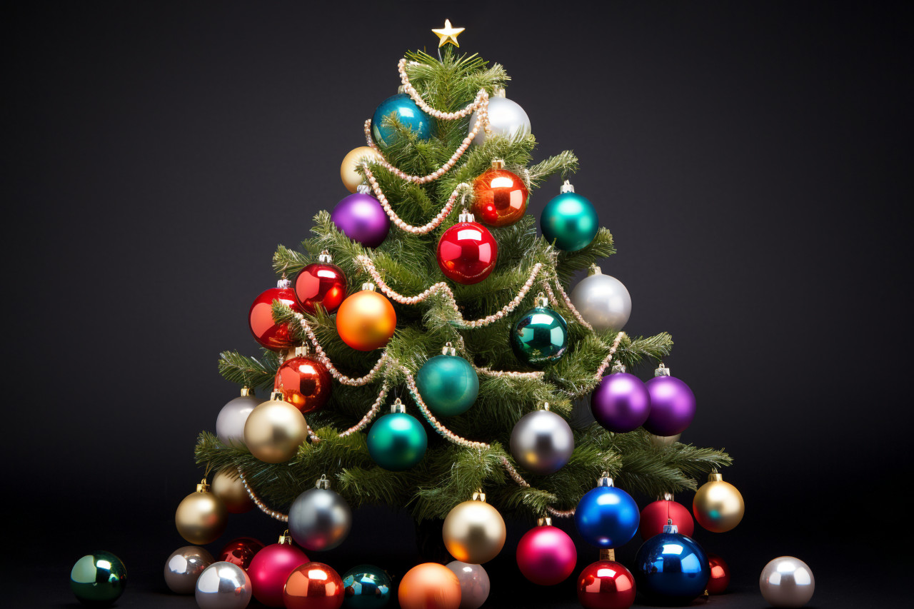 A happy picture of a christmas tree with colorful ornaments taken in a studio on a white background, christmas people celebrating images