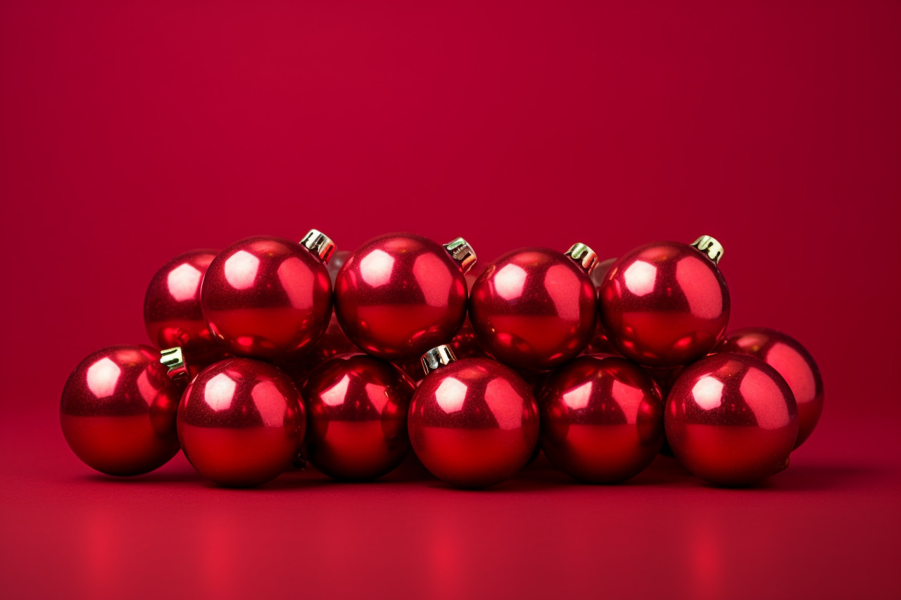 A picture of red christmas ornaments on a red background, with room for text, christmas people celebrating images
