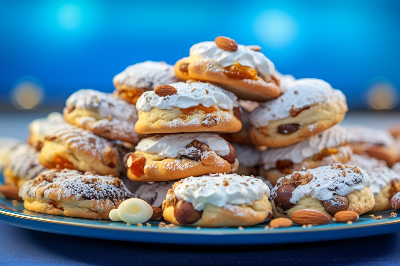 A close up photo of tasty homemade christmas cookies on a blue plate, christmas people celebrating images