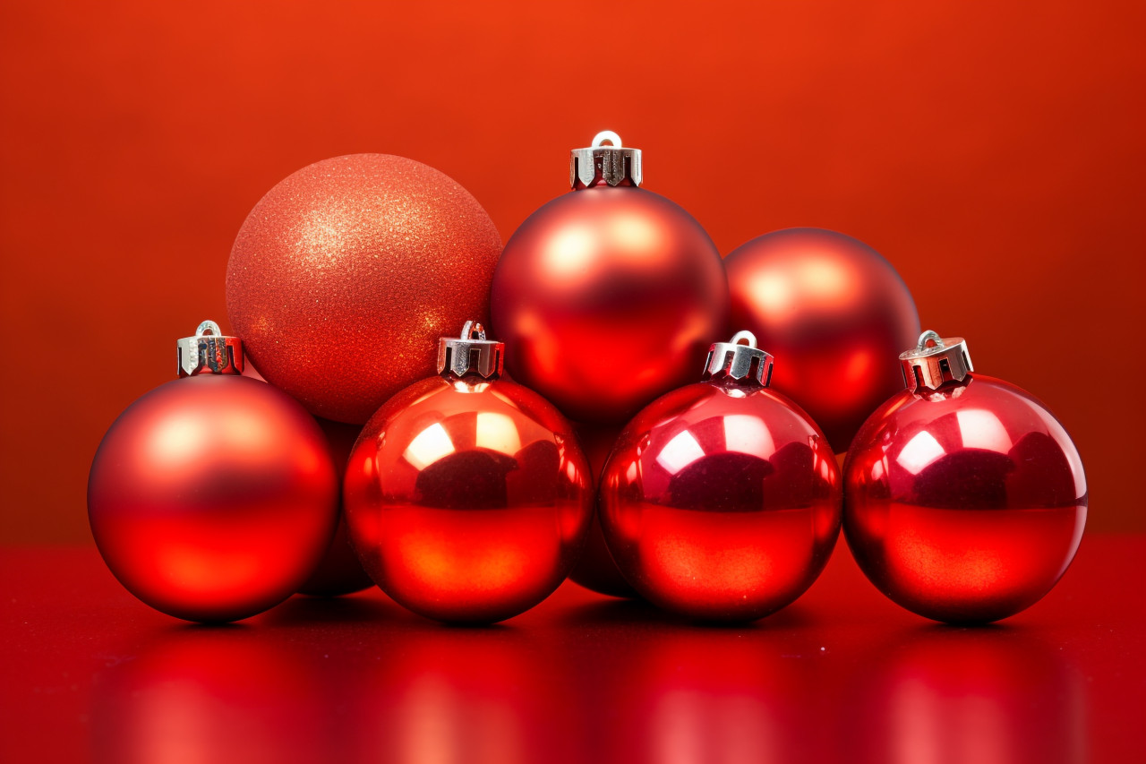 A picture of red christmas ornaments on a red background, with room for text, christmas people celebrating images