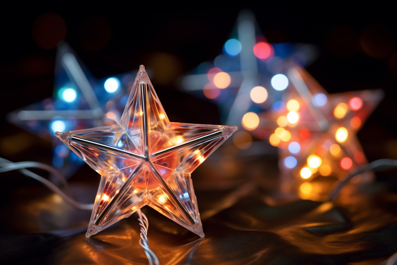 A picture of christmas star lights with blurry shapes and colors in the background, christmas people celebrating images