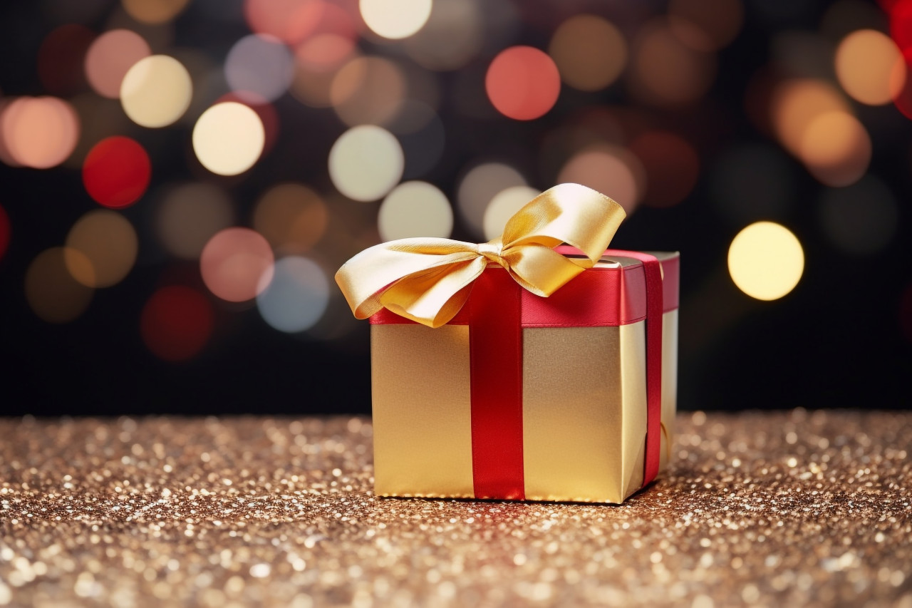 A photo of a christmas gift box with a gold bow on a background of blurry christmas lights, christmas people celebrating images