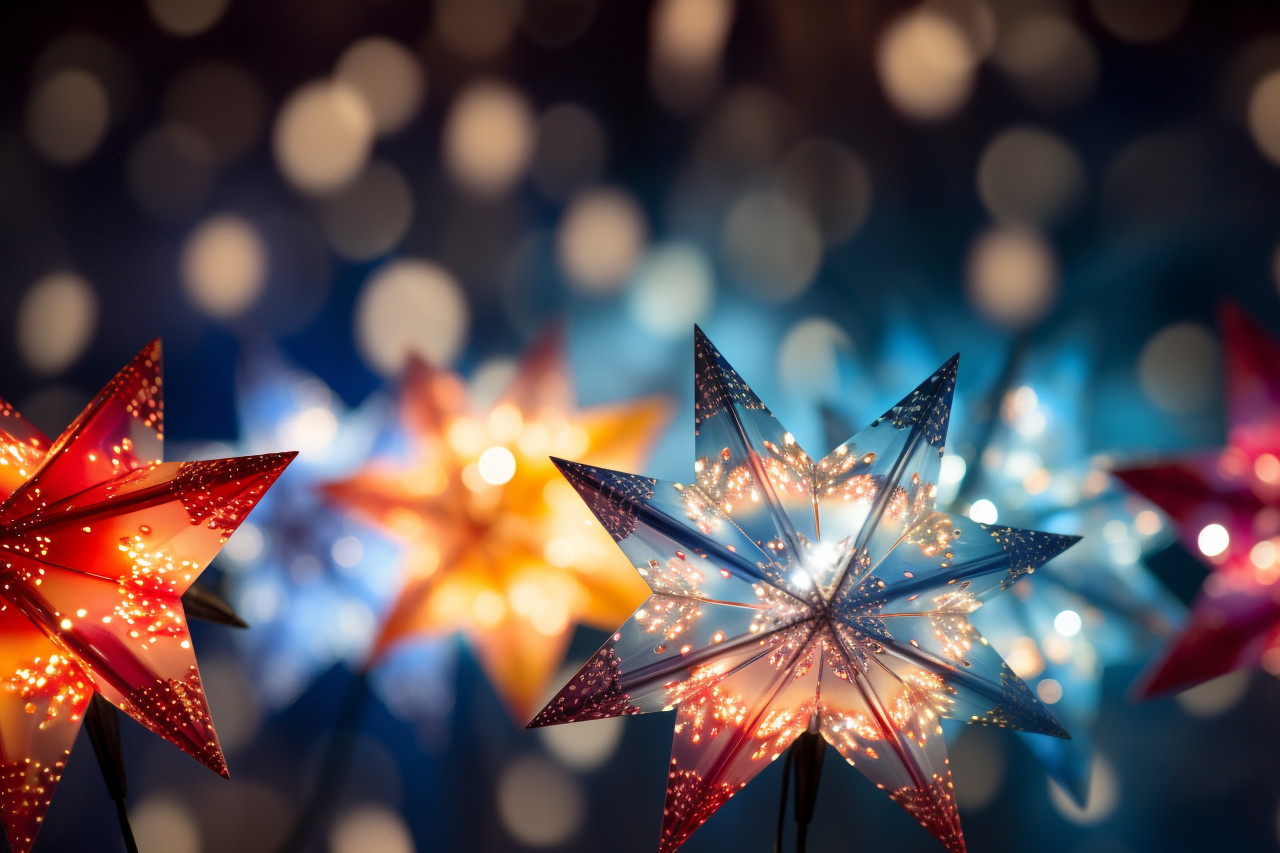 A picture of christmas star lights with blurry shapes and colors in the background, christmas people celebrating images