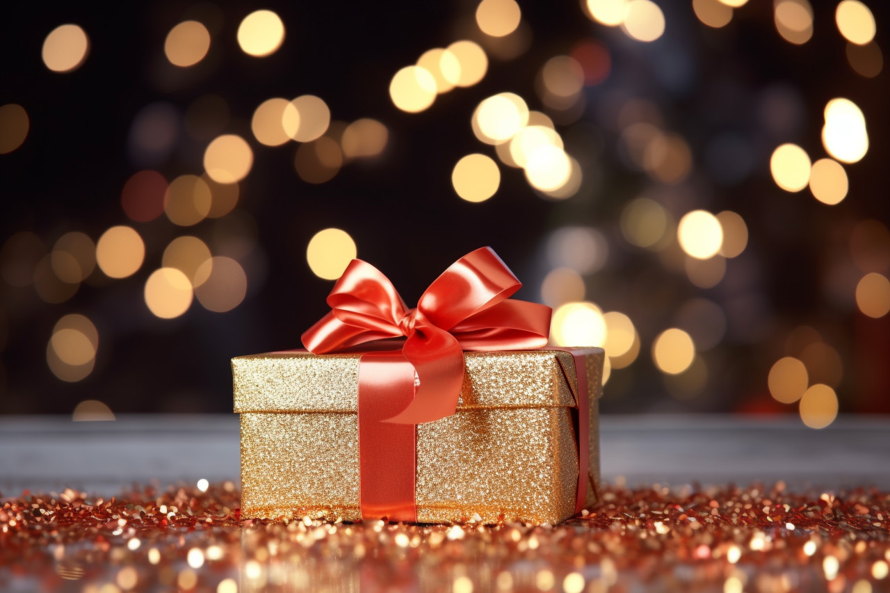 A photo of a christmas gift box with a gold bow on a background of blurry christmas lights, christmas people celebrating images