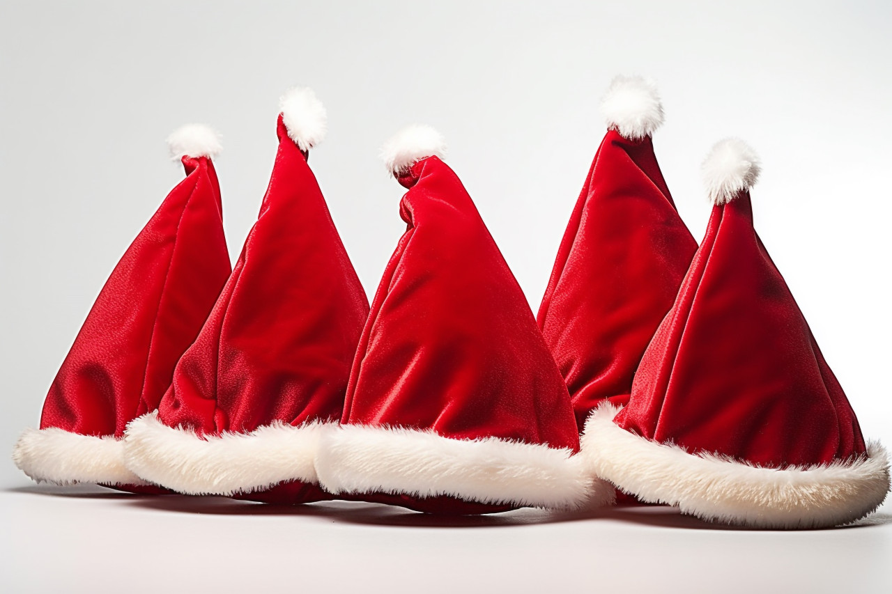 A picture of a group of red santa claus hats on a plain white background, christmas people celebrating images