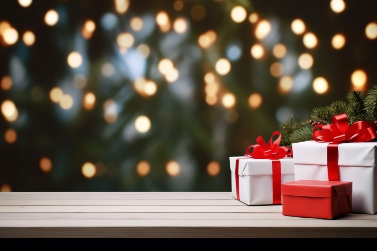 A photo of a christmas and new year background with an empty, dark wooden table in the foreground, christmas people celebrating images