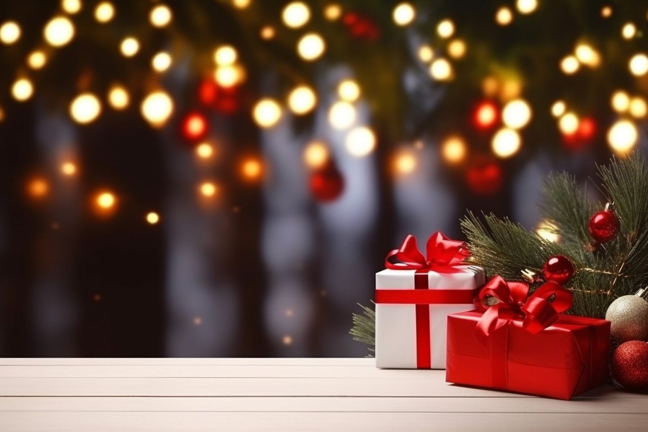 A photo of a christmas and new year background with an empty, dark wooden table in the foreground, christmas people celebrating images