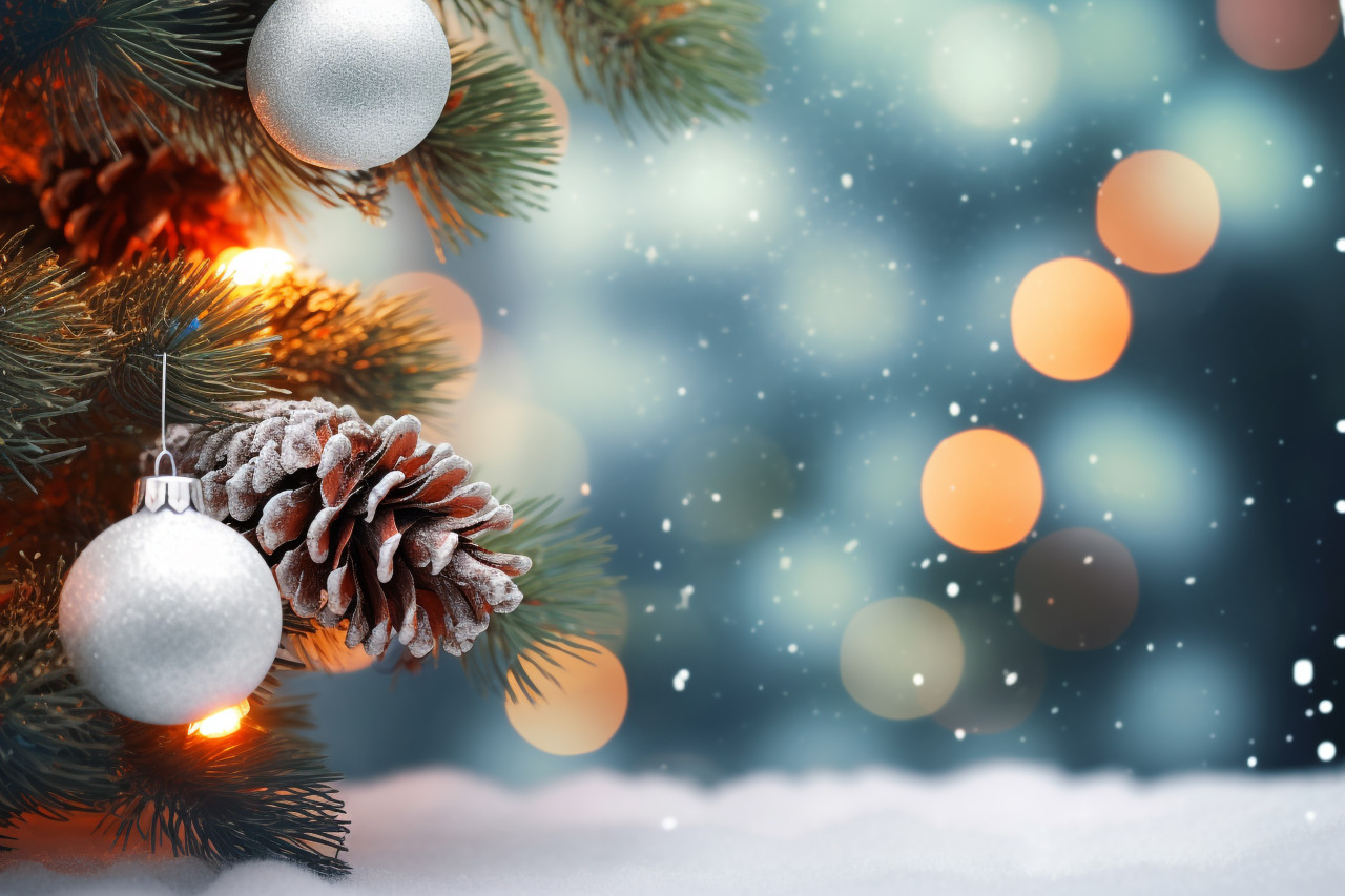 A picture of a christmas banner with snowy ornaments, pine cones, and fir branches, with blurry lights in the background, christmas people celebrating images