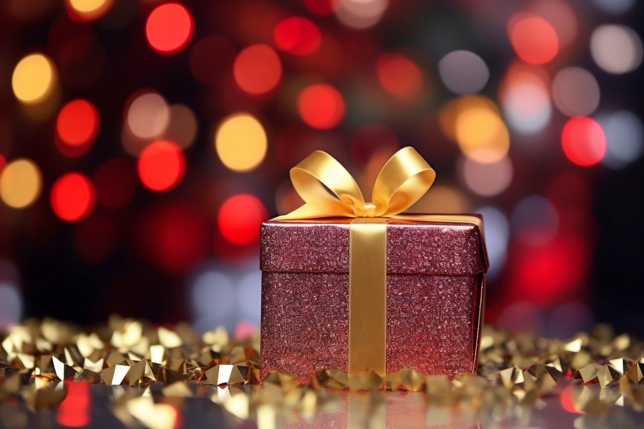 A photo of a christmas gift box with a gold bow on a background of blurry christmas lights, christmas people celebrating images