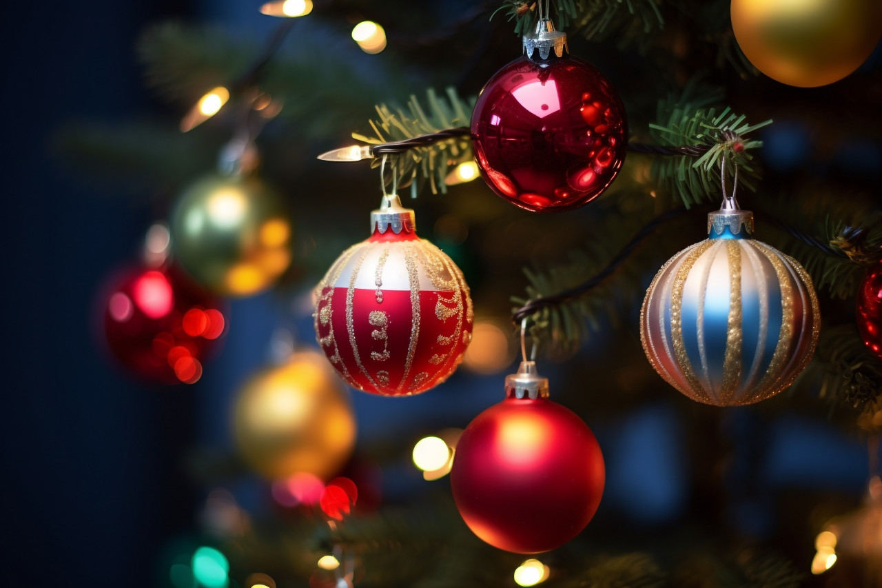Close up photo of ornaments and lights on a decorated christmas tree, christmas people celebrating images