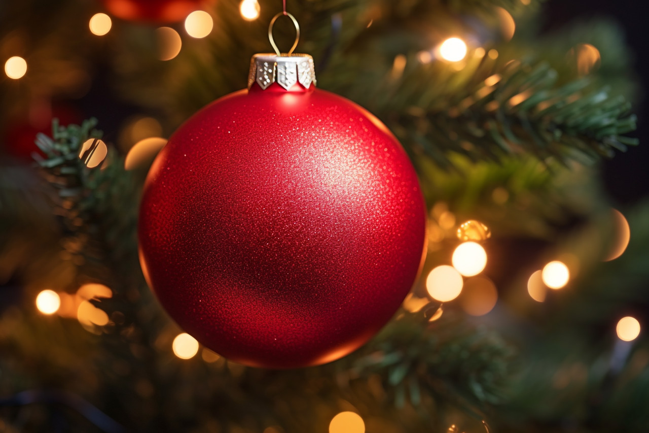 A close up photo of a single red ornament on a christmas tree with twinkling lights, christmas people celebrating images