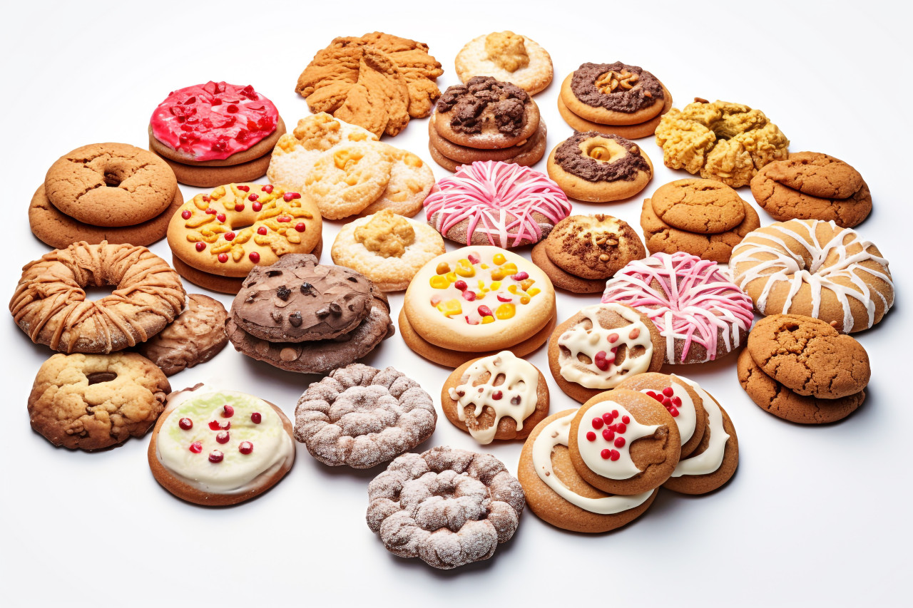 A picture of a variety of christmas cookies on a plain white background, christmas people celebrating images