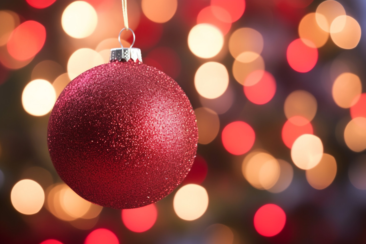 A close up photo of a single red ornament on a christmas tree with twinkling lights, christmas people celebrating images