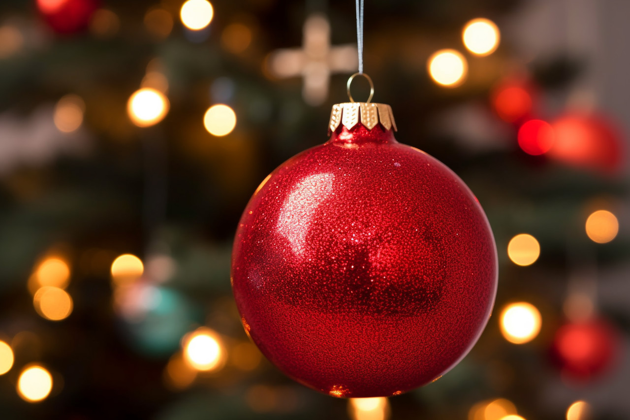 A close up photo of a single red ornament on a christmas tree with twinkling lights, christmas people celebrating images